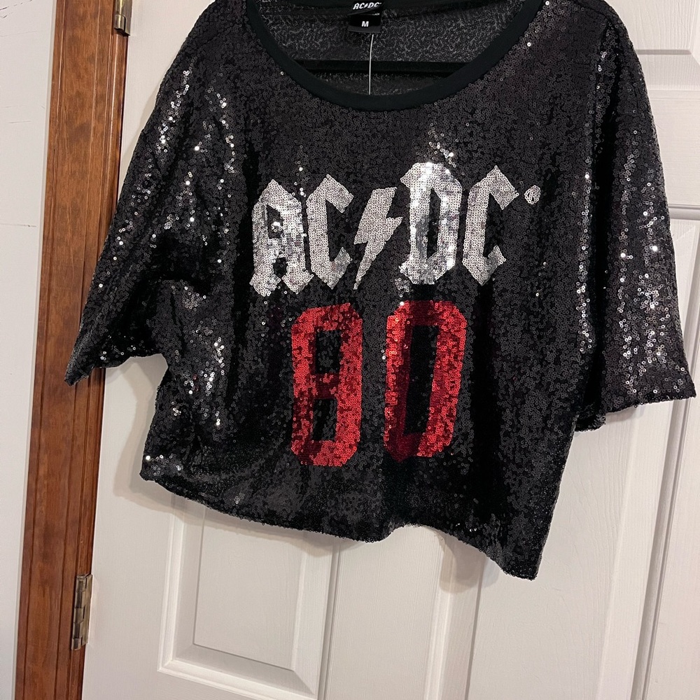 AC/DC Black Sequin Crop Top with Red '80'. Oversized…. - Picture 3 of 4